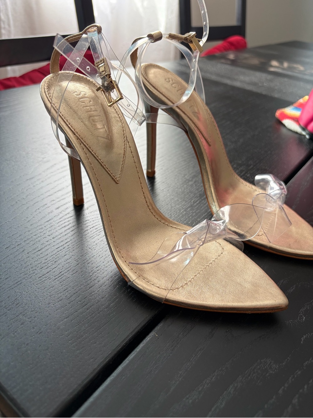 Schutz Clear Strap Metallic Gold Stiletto Sandals